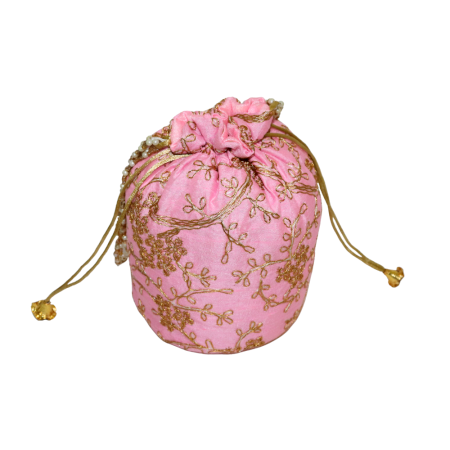Handmade Pink Cotton Potli Bag with Beadwork and Gold Embroidery